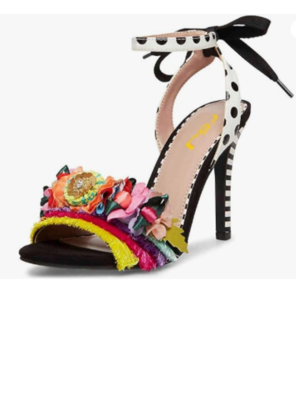 FSJ Black Floral Stiletto High Heel Ankle Strap Sandals Open Toe Polka Dot, Shoe